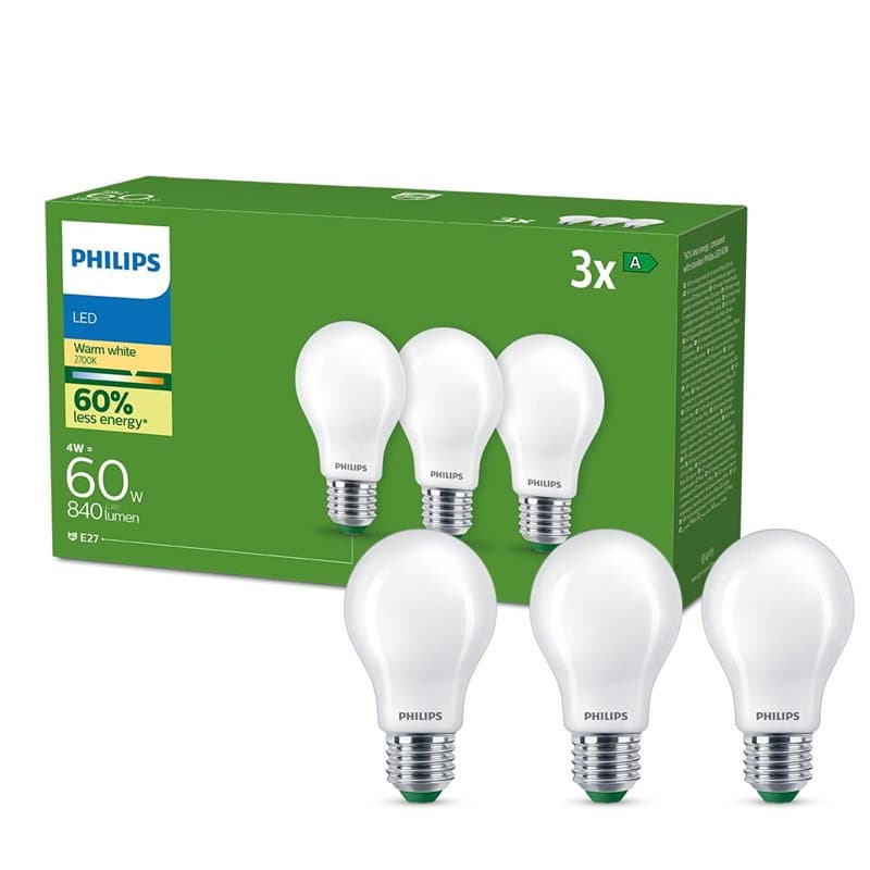 Philips, lot de 3 ampoules LED classe énergétique A, culot E27 équivalent 60W, Blanc chaud 2700K, dépolie