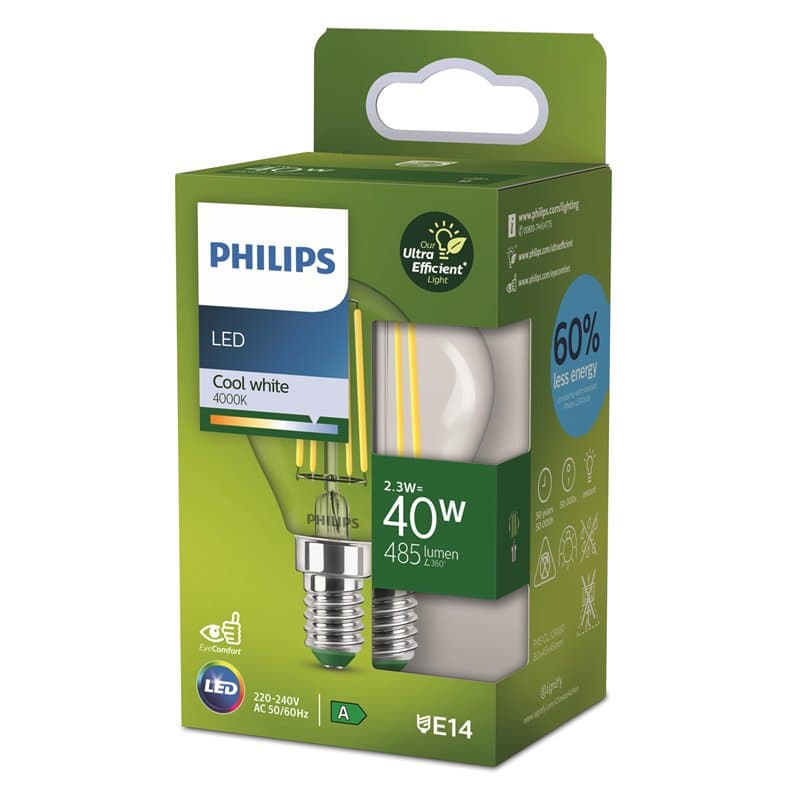 Philips Classic ultra-efficient LED ampoule classe énergétique A, équivalent 40W, drop shape, culot E14, clair, éclairage blanc