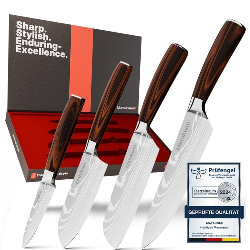 Matakumi 4 Pièces Set Couteaux de Cuisine - 8'' Couteau de Chef, 7'' et 5'' Santoku, 3.5'' - Couteau de Cuisine Professionnel, C