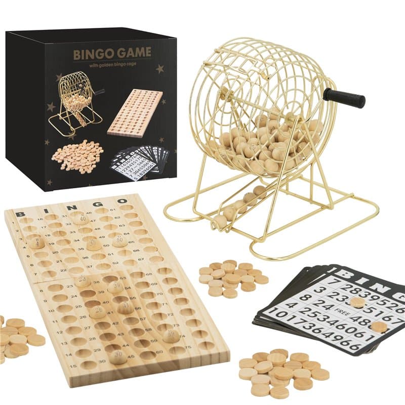 Kyto Grand Jeu de Bingo doré en métal avec 150 jetons, 75 balles de Bingo et Plateau de Jeu en Bois, 18 Cartes de Bingo Stables