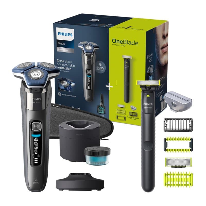 Philips Shaver S7000 - Rasoir électrique Wet & Dry Chrome foncé avec technologie SkinIQ avec tondeuse rétractable, Quick Clean P