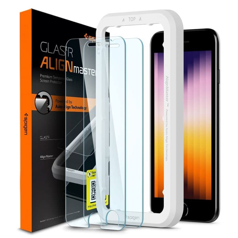 Spigen AlignMaster Verre Trempé compatible avec iPhone SE 3 (2022), iPhone SE 2 (2020), iPhone 8, iPhone 7, 2 Pièces, Résistant