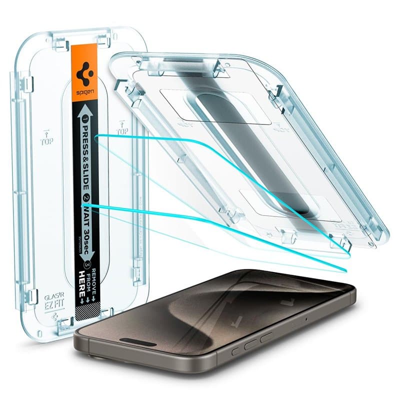Spigen Glas.tR EZ Fit Verre Trempé pour iPhone 15 Pro Max, 2 Pièces, Installation Facile, Dureté 9H, Résistant aux Rayures, Prot