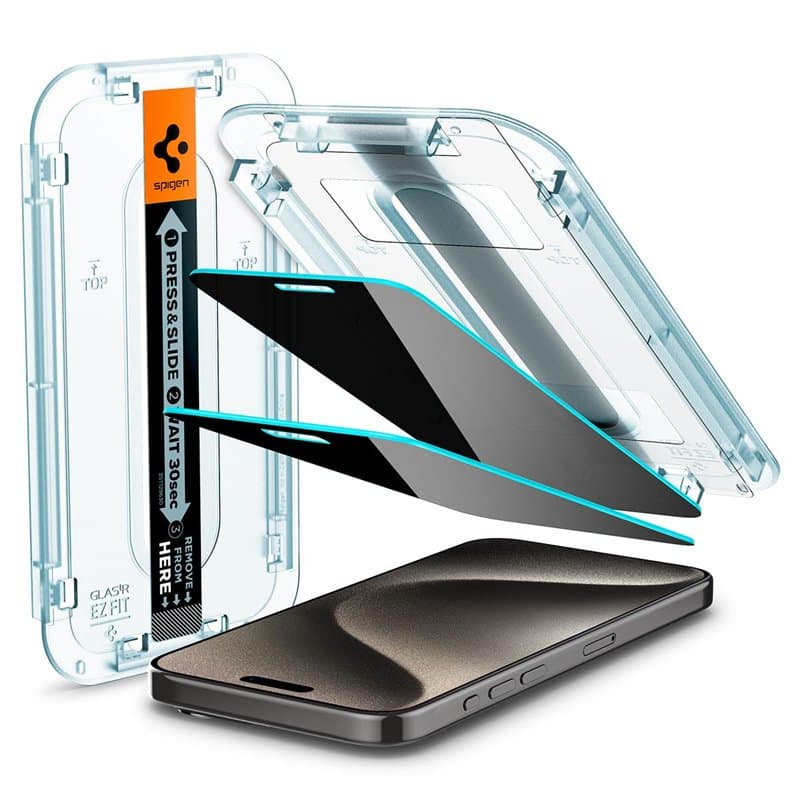 Spigen Glas.TR EZ Fit Verre Trempé pour iPhone 15 Pro Max, 2 Pièces, Anti-Espion, Installation Facile, Dureté 9H, Résistant aux