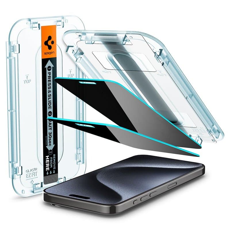 Spigen Glas.tR EZ Fit Verre Trempé pour iPhone 15 Pro, 2 Pièces, Anti-Espion, Installation Facile, Dureté 9H, Résistant aux Rayu