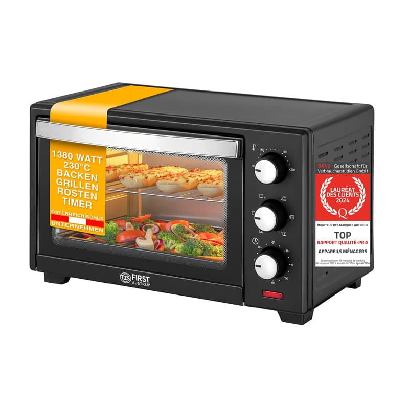 TZS First Austria Mini four 30L, Four à convection 1600W, Minuterie 60 min, Porte double vitrage, Chaleur voûte et sol, Grille e