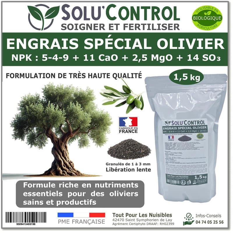 ENGRAIS Spécial OLIVIER 1,5 kg - SoluControl - Formulation haute qualité Organo-Minerale - NPK 5-4-9 - Utilisable en Agriculture