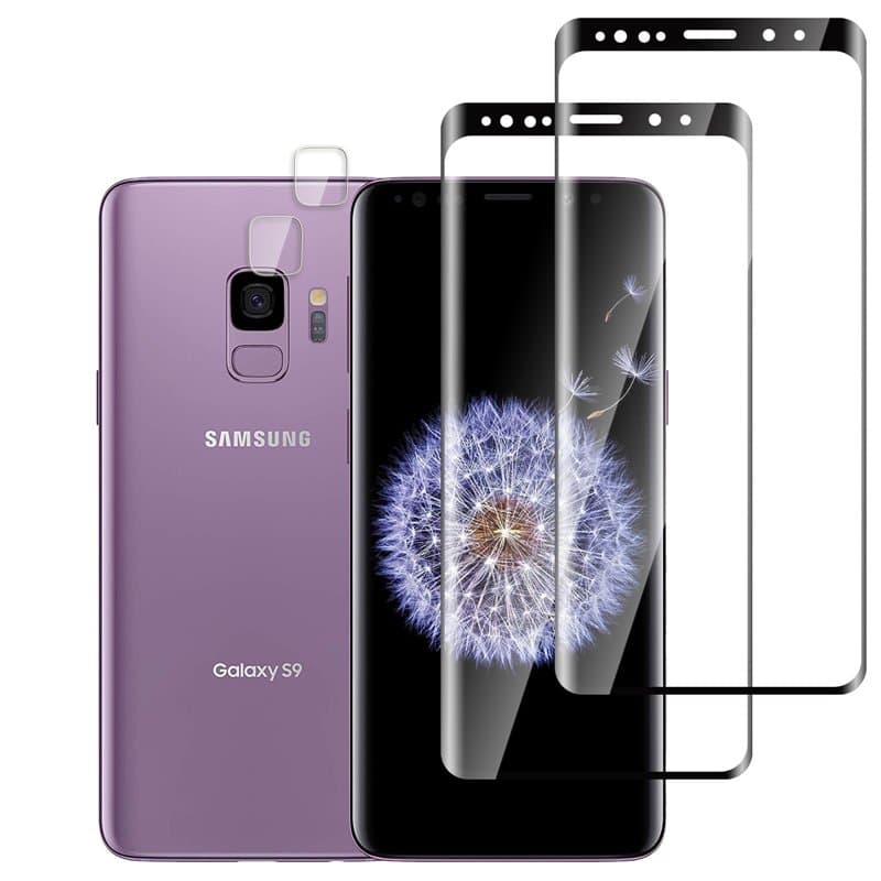Jinshiweikai Lot de 4, 2 x Verre Trempé pour Samsung Galaxy S9 et 2 x Protection Ecran Caméra Arrière,3D Incurvé Couverture,sans