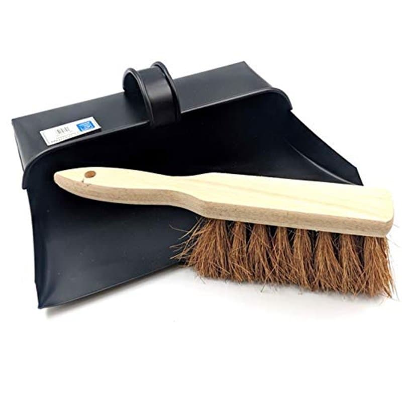 Pelle à poussière, cendre avec couvercle en métal noir et brosse souple