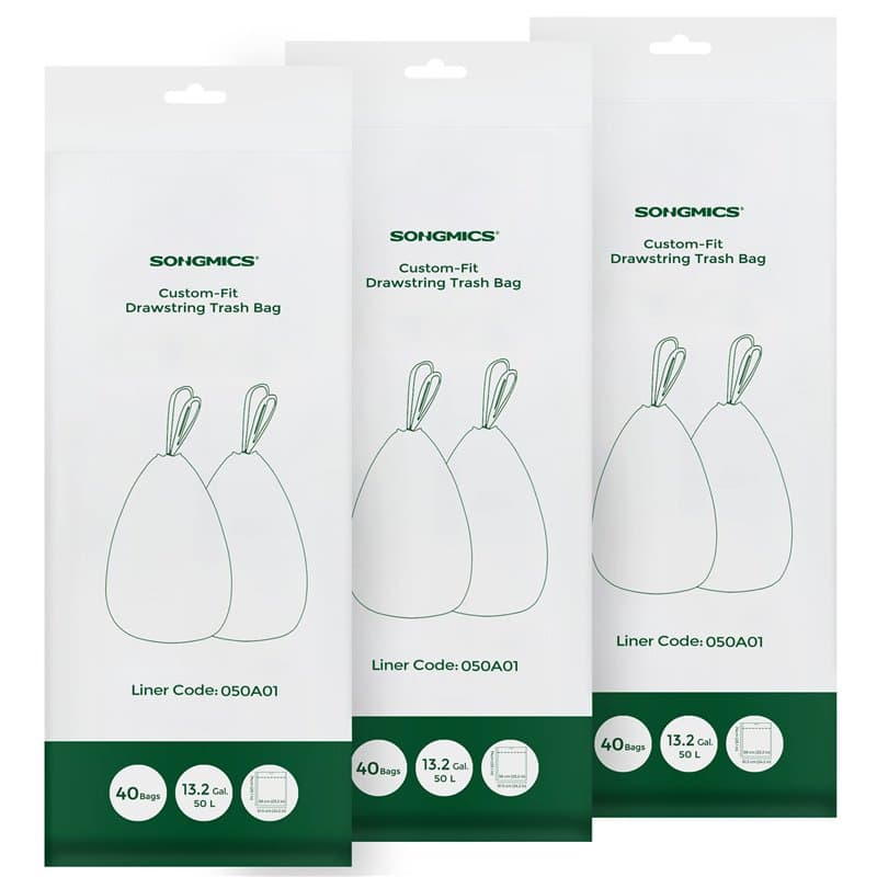 SONGMICS Sacs Poubelles Résistants, Sacs Poubelles à Liens Coulissants pour Poubelles de Cuisine 50L, Pré-séparés, Code du Sac 0