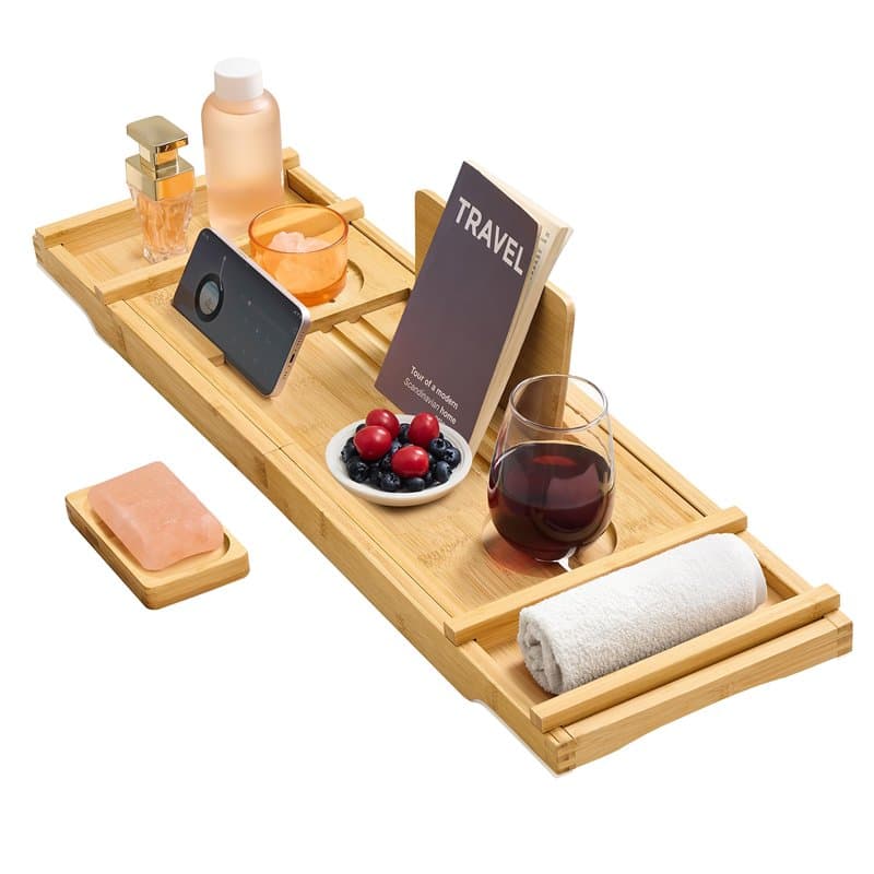 SONGMICS Plateau de Baignoire Extensible en Bambou, Plateau de Bain, Largeur 70 à 95,6 cm, Pliable, Antidérapant, pour Livre, Ta