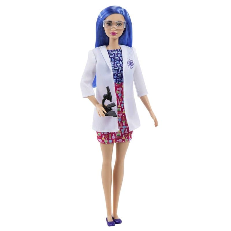 Barbie Métiers poupée Scientifique aux Cheveux Bleus, avec Robe colorée, Blouse de Laboratoire, Chaussures, Accessoire Microscop
