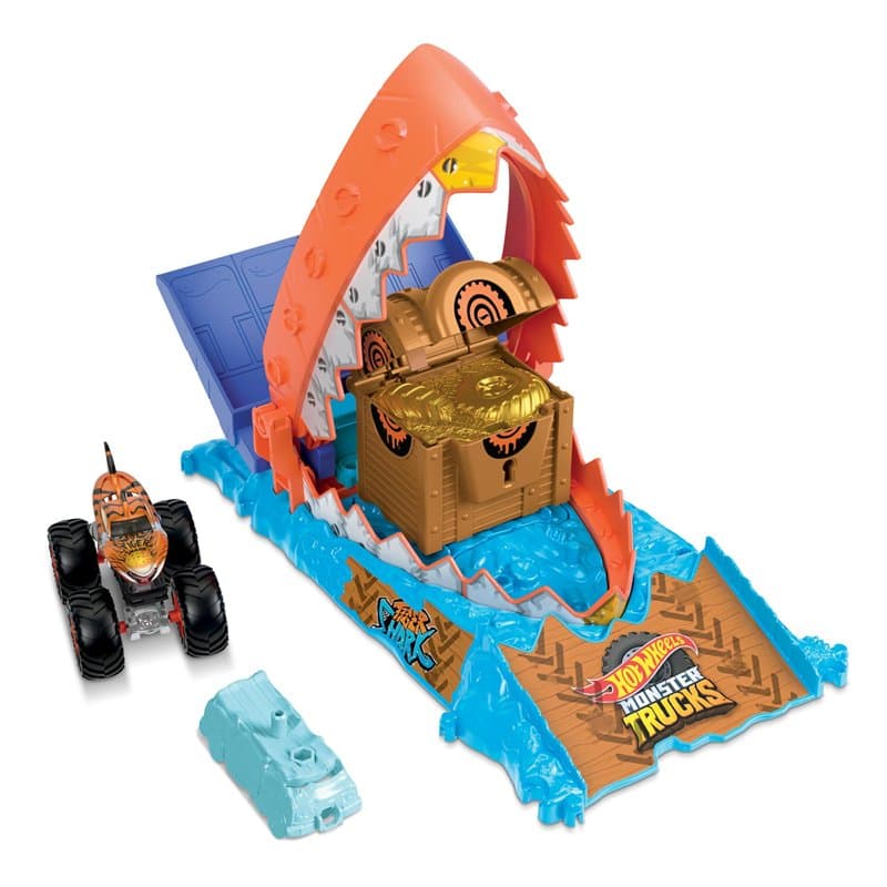 Hot Wheels Coffret Monster Trucks Arena Smashers Défi du Croque-Trésor avec 1 Monster Truck Tiger Shark Et 1 Voiture Broyée, Éch