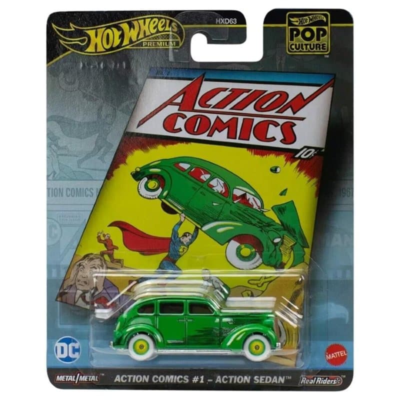 Hot Wheels Voiture en métal - Superman ACTION COMICS 1 ACTION SEDAN - Die Cast Scala 1:64 - longueur 8 cm - HVJ50 - Série Pop Cu