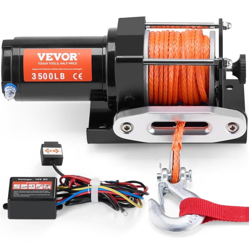 VEVOR Treuil électrique 1588 kg, 12 V CC treuil pour VTT/UTV avec câble synthétique à 12 brins de Φ0,5 x 1188,7 cm, télécommande