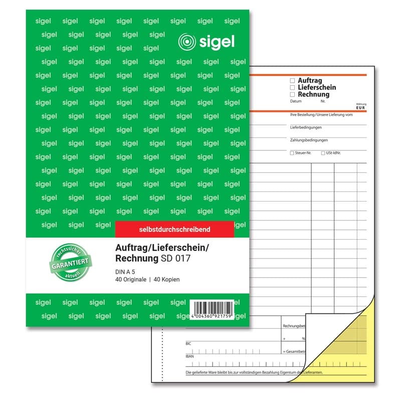 Sigel sd017 Combinaison livre, commande/bon de livraison/facture A5, 2 x 40 feuilles, autocopiant