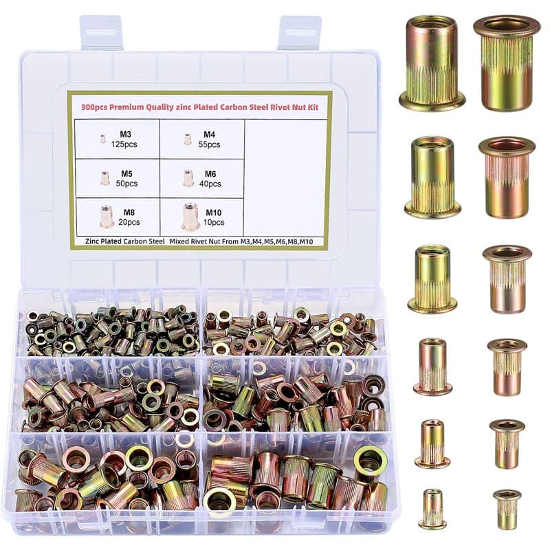 300 Pièces Écrou de Rivet Acier Carbon, Écrous à Sertir Plaqué Zinc, Éécrous à Rivets Aveugles avec Filetage - M3/M4/M5/M6/M8/M1