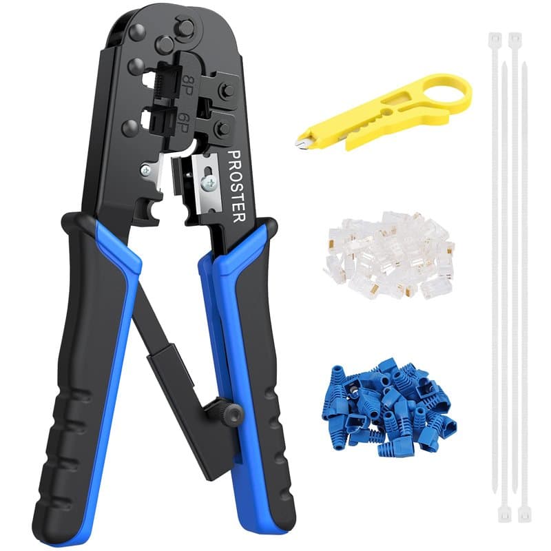 Proster Ensemble d'outils à sertir RJ45 avec 30 fiches de données modulaires RJ45 Cat5, 30 couvertures, 100 serre-câbles en nylo