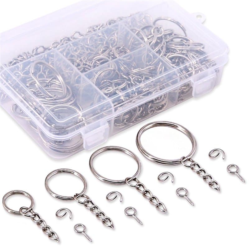 Swpeet 100 pcs Porte-clés Anneaux avec chaîne et tiges à vis 100 pcs Bulk pour travaux manuels argenté