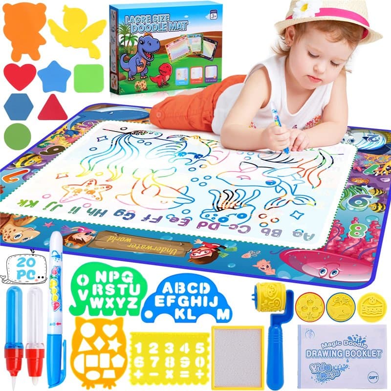 MOOING Tapis Magique Dessin Enfant Matte120*90cm, pour Griffonnage d'eau, avec 3 stylos à eau et livre coloré Cadeaux de Jouets