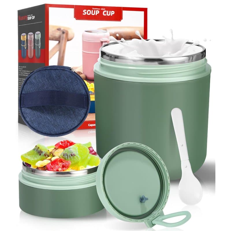 To Go Muesli Mug 530 ml + 180 ml, gobelet à yaourt isolé en acier inoxydable,Mug Thermo à Emporter avec Couvercle Anti-Fuite,710