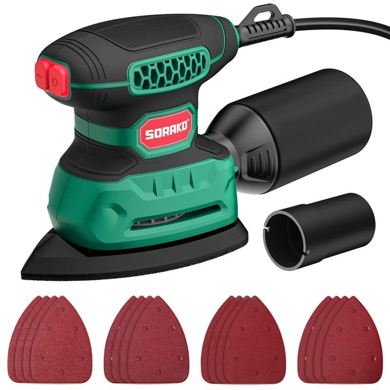 SORAKO Ponceuse Electrique, 220W 14000 OPM Ponceuse Triangulaire Avec Sac à Poussière Et 16 Feuilles De Papier De Verre,IdéAl Po