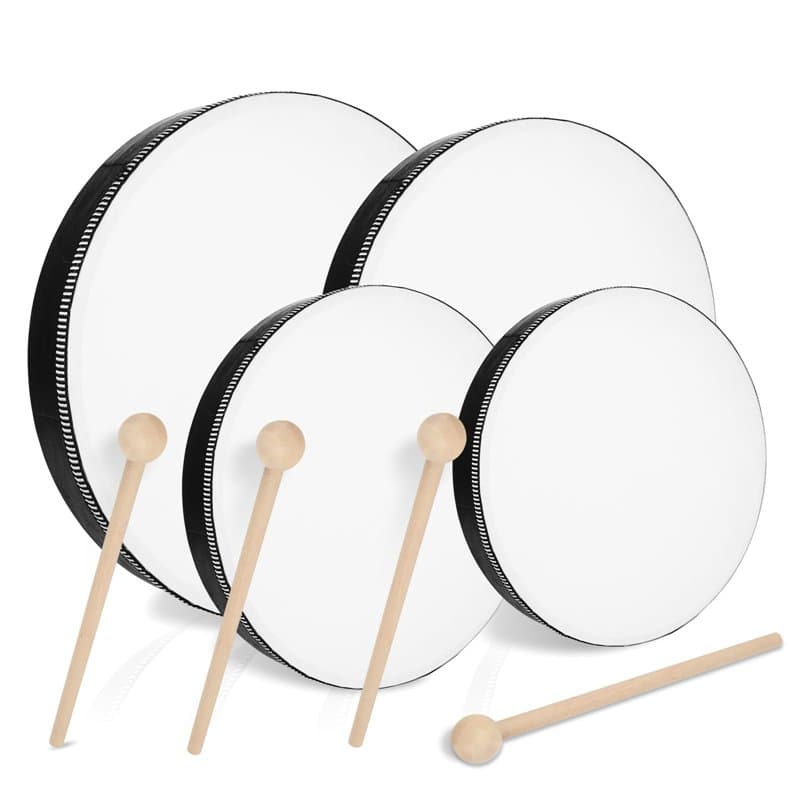 MIVIDE Lot de 4 Tambourins à Main en Bois avec Maillet, Percussion de Tambourin pour Danse et Chanson (10 cm,15cm,20 cm et 25 cm