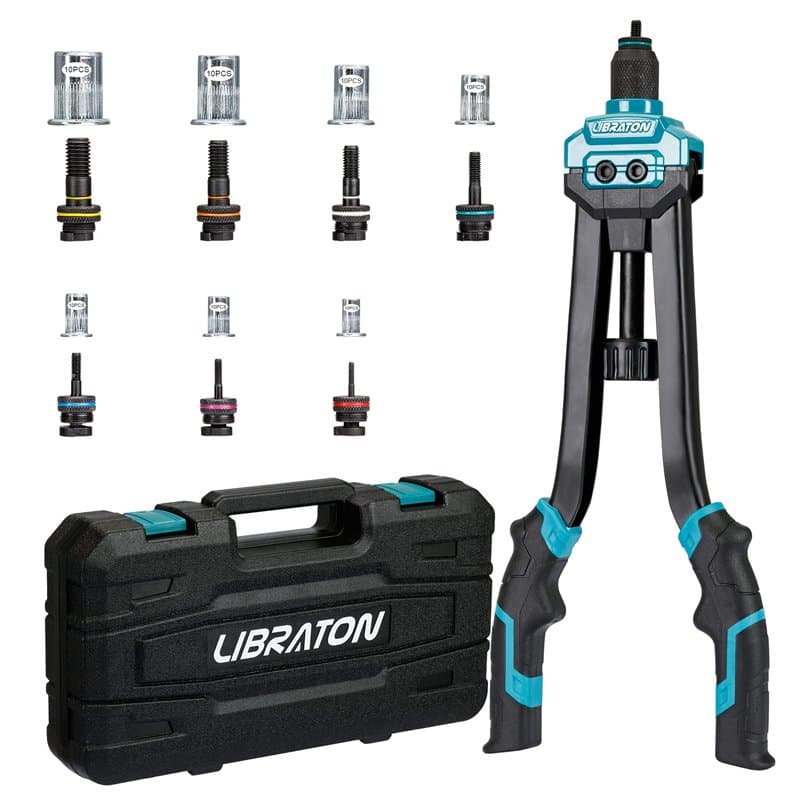 Libraton Pince a Rivet, 16" Pince a écrous à rivets, Kit professionnel Outil à riveter avec 70 écrous et 7 mandrins métriques, f