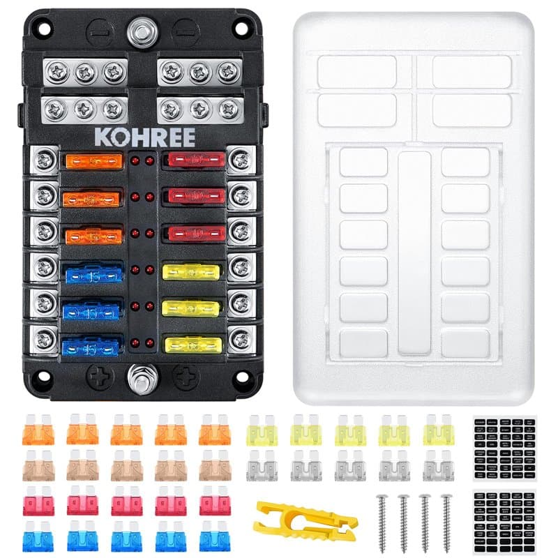 Kohree 12V 12 Voies Standard Boîte à Fusibles + 24pcs Voiture Fusible à Lame 5A 10A 15A 20A avec 12 Voyants LED Couvercle de Pro