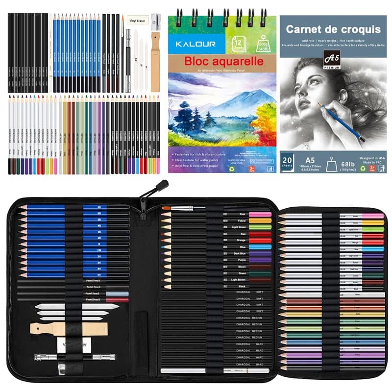 KALOUR Ensemble de matériel de dessin et de croquis 76 - Fournitures avec carnet de croquis et papier aquarelle - Inclut des tut