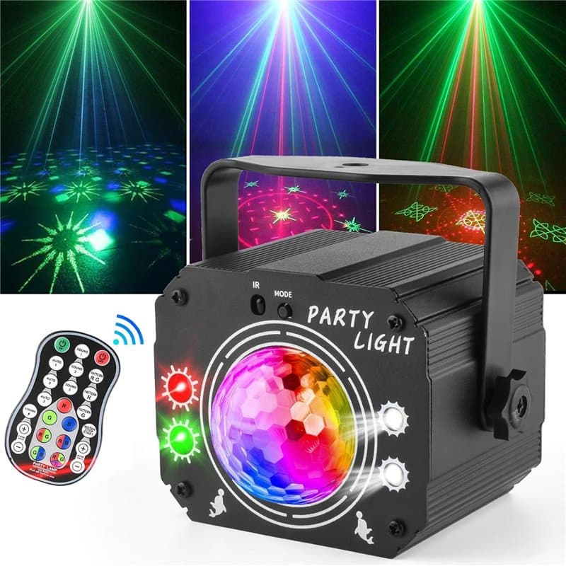 Lampe de Scène 3 en 1 avec Télécommande, Boule Disco avec Stroboscope, Lumière de Fête DJ LED à Commande Vocale Divers Effets RG