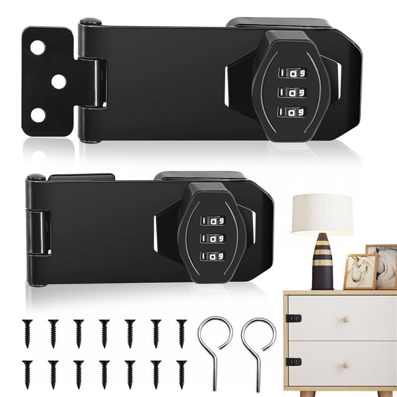 Lot de 2 verrous de sécurité verrouillables avec code - Serrure à combinaison à 3 chiffres - Verrou de porte rotatif de 10,12 cm