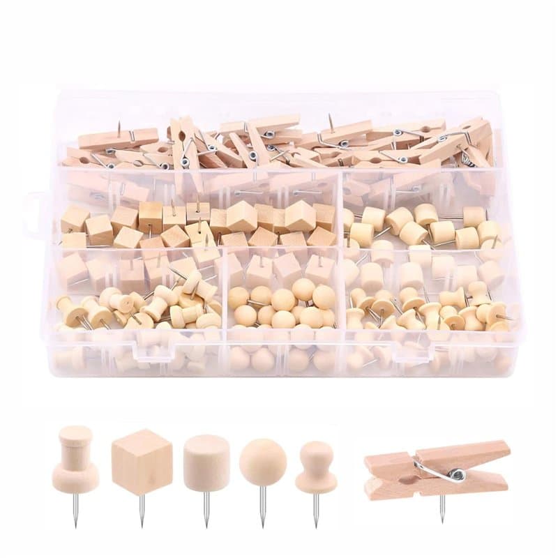 NEUSID Lot de 135 punaises en bois naturel avec boîte de rangement, 6 styles, punaises en bois naturel Beige