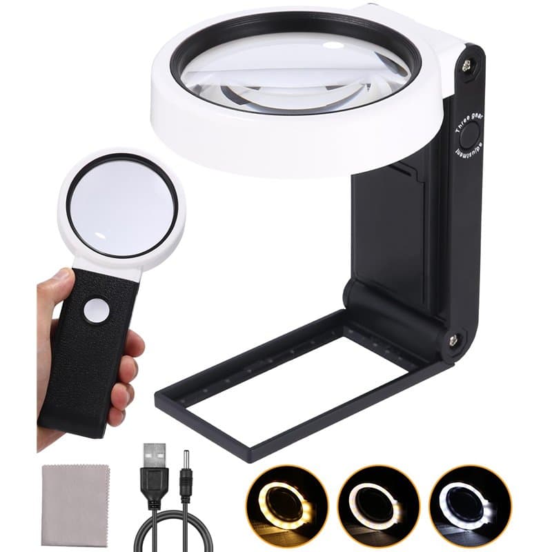 JOFLVA Loupe de Lecture, 25X 6X Loupe LED, Loupe Grossissante avec 18 LED et Support, Loupe Eclairante à Main, Loupe Lumineuse G