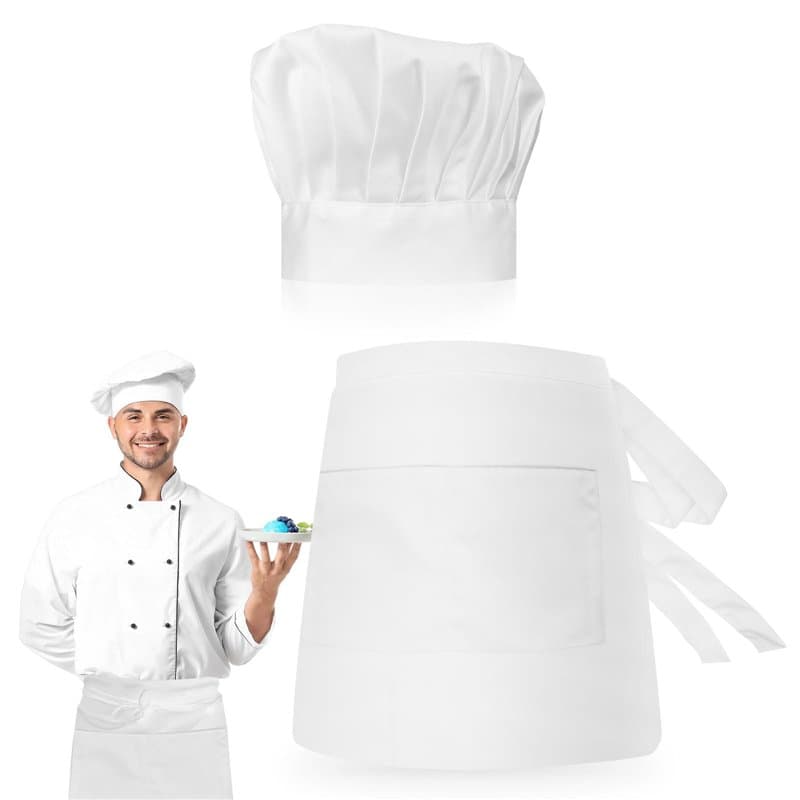 Yicaam Ensemble Toque et Tablier, Toque de Chef et Tablier Court Tablier de Taille avec Poche, Ajustable Toque et Tablier pour L