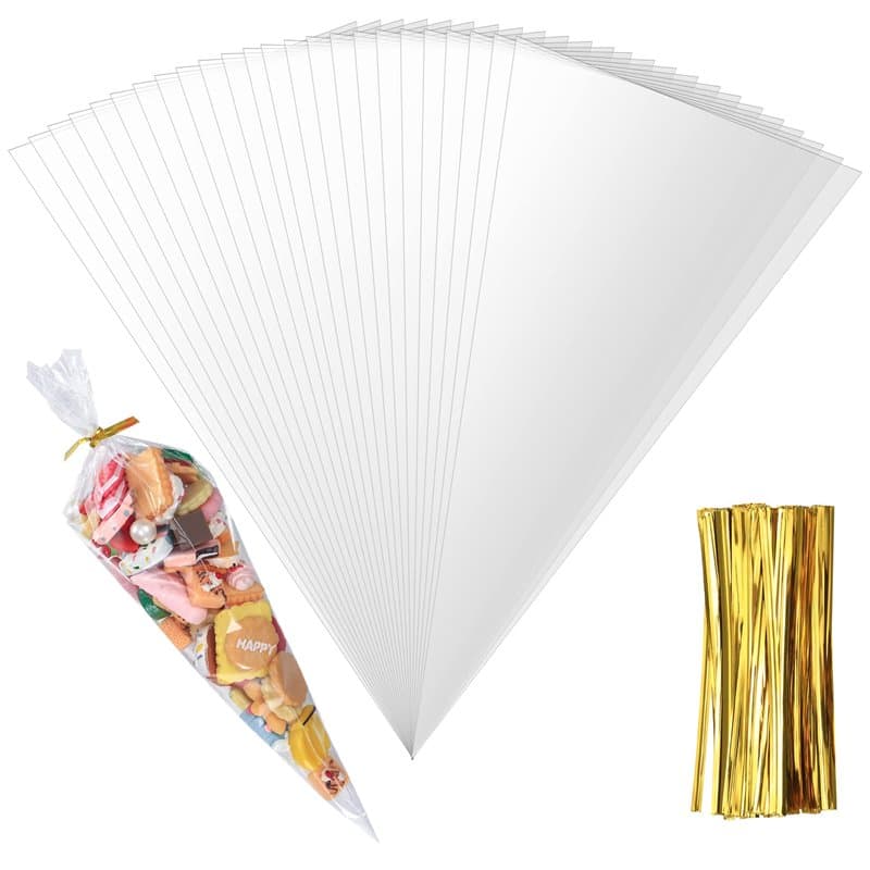 200 Pièces Sachets Transparents Bonbons, Sachets Coniques Transparents en Cellophane avce Liens Torsadés, Cône Bonbons Pochette