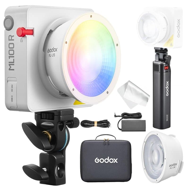 Godox ML100R Kit3 Lampe vidéo LED RVB avec chargeur de batterie BG-02, réflecteur de lentille interchangeable 15° et 36°, 1800-1