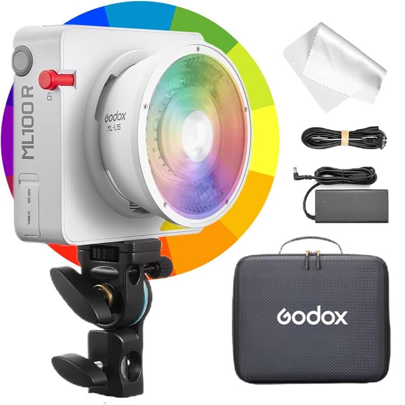 Godox ML100R Lampe LED Vidéo RGB Plein Spectre au Format de Poche avec Réflecteur Interchangeable 15°, 1800-10 000K CCT, 14 Effe