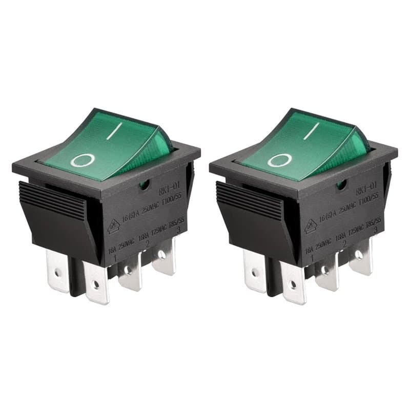 Lot de 2 interrupteurs à bascule Heschen DPDT - 6 connecteurs - Voyant vert lumineux - 16 A 250 VAC