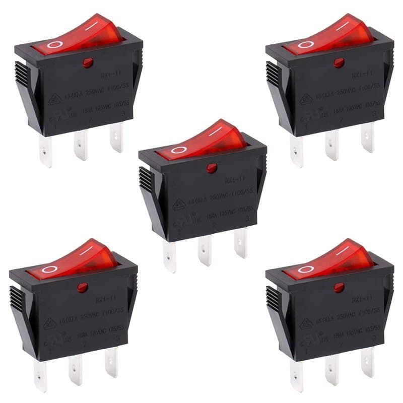 Heschen Interrupteur à bascule ON-OFF SPST 3 bornes lumière rouge 16A 250VAC 5 pièces