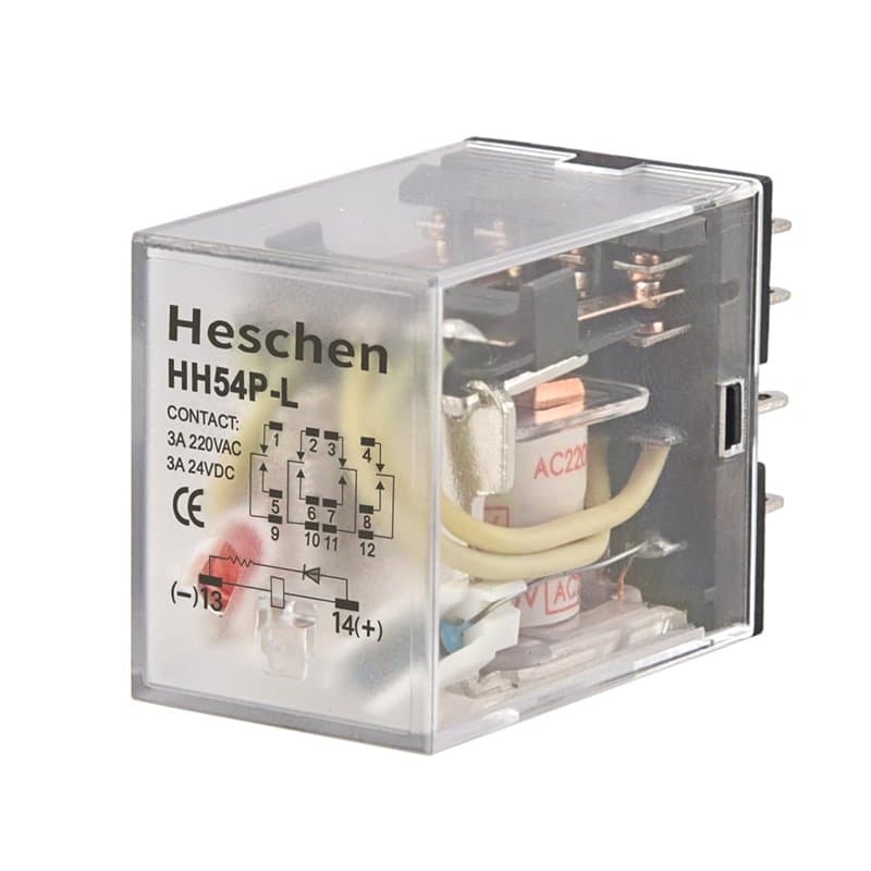 Heschen HH54P-L-220VAC - Relais de puissance à usage général 4PDT avec bobine 3 A 220 V AC/24 V DC, 14 bornes et voyant LED
