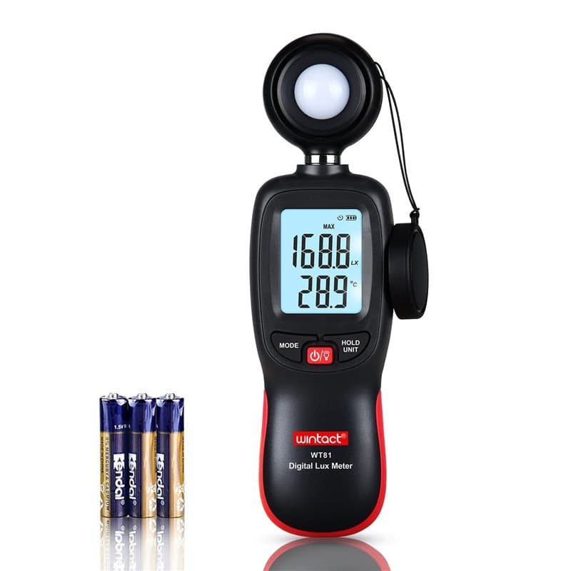 Wintact Compteur de lumière numérique portable avec thermomètre ambiant, portée jusqu'à 200 000 lux, photomètre, test d'intensit