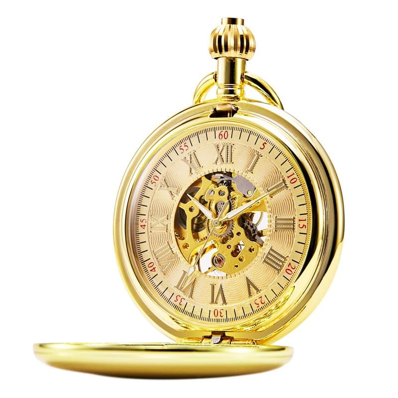 TREEWETO Montre de Poche pour Hommes Or Mécanique Squelette Cadran avec Chaîne Boîte Cadeau