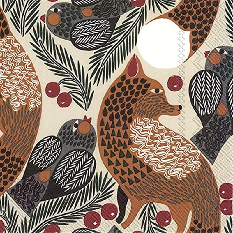 Marimekko Ketunmarja Lot de 20 Serviettes de Table en Papier 3 plis Motif renards et oiseaux 33 cm