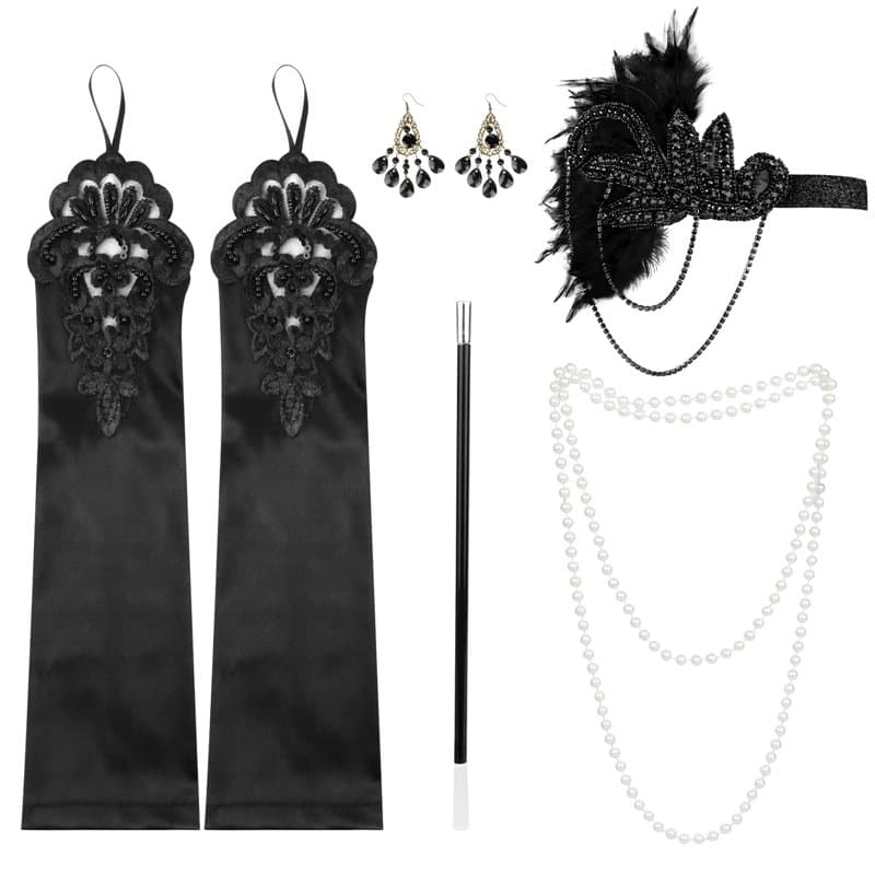 5 Pièces Accessoire Année 20 Femme, Accessoires Charleston Année 20, Accessoires Gatsby Costume Set, avec Flapper Bandeau, Gants