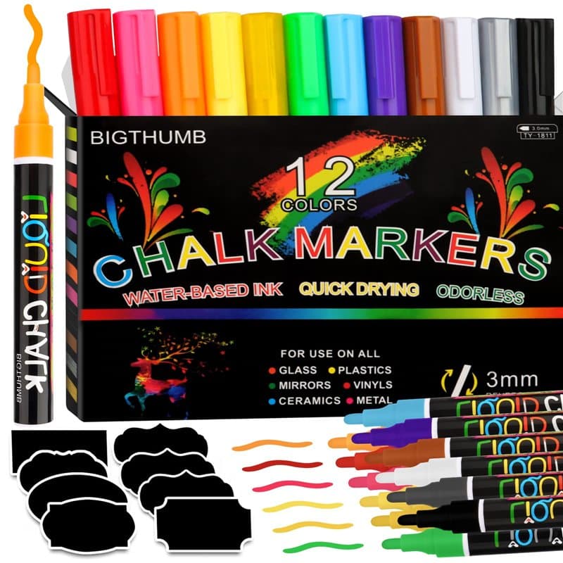 talifoca Marqueurs à craie liquide, 12 Stylo Craie Effaçable, 6mm Pointe Réversible marqueurs à craie pour tableau, tableaux noi