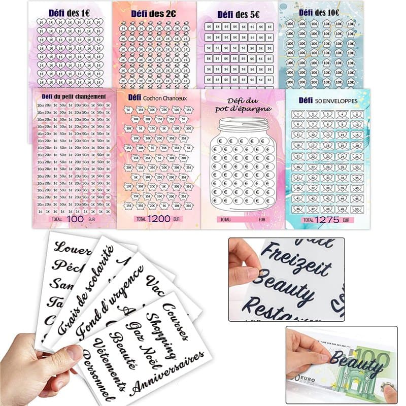 Qupuce 8 PCS Épargne Défis Budget avec 4 PCS Autocollants Français, Set de défi pour Classeur Budget enveloppe, pochette Planner