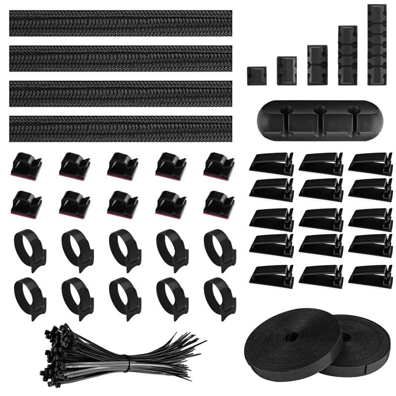 Relota 156 pièces kit de Gestion Câbles, 5 Clips Câble Adhésifs 4 Câble Gaine 35 Clips Câbles 100 Serre Câbles 2 rouleaux Ruban