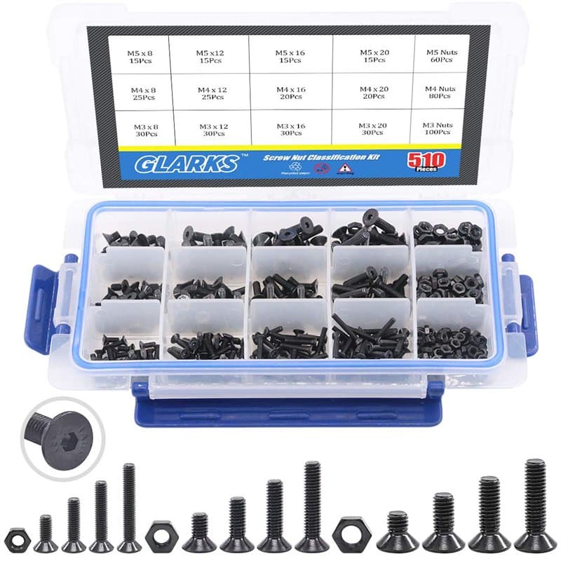 Glarks Assortiment de 510 vis métriques M3 M4 M5 en alliage d'acier avec tête hexagonale - Finition oxyde noir