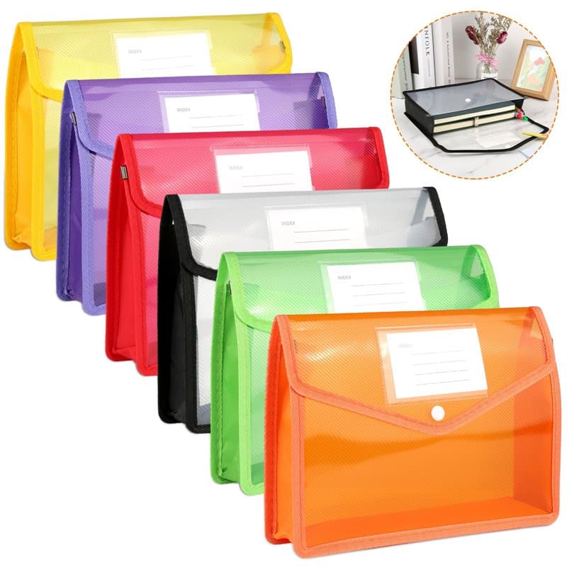 Lot de 6 porte-documents A5, 6 couleurs, avec étiquette nominative et organiseur d'extension de 6 cm, pochette transparente étan